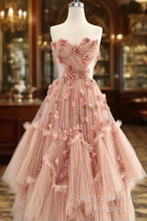 Ball Gown Pink Sweetheart Floor Length Sleeveless Lace Semi Formal Prom Dress